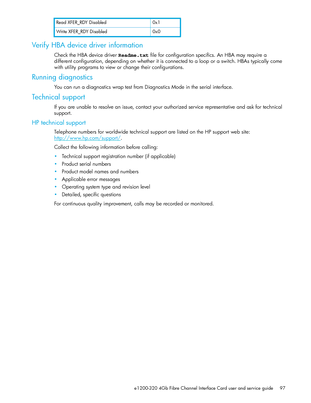 HP E1200-320 manual Verify HBA device driver information, Running diagnostics, Technical support, HP technical support 