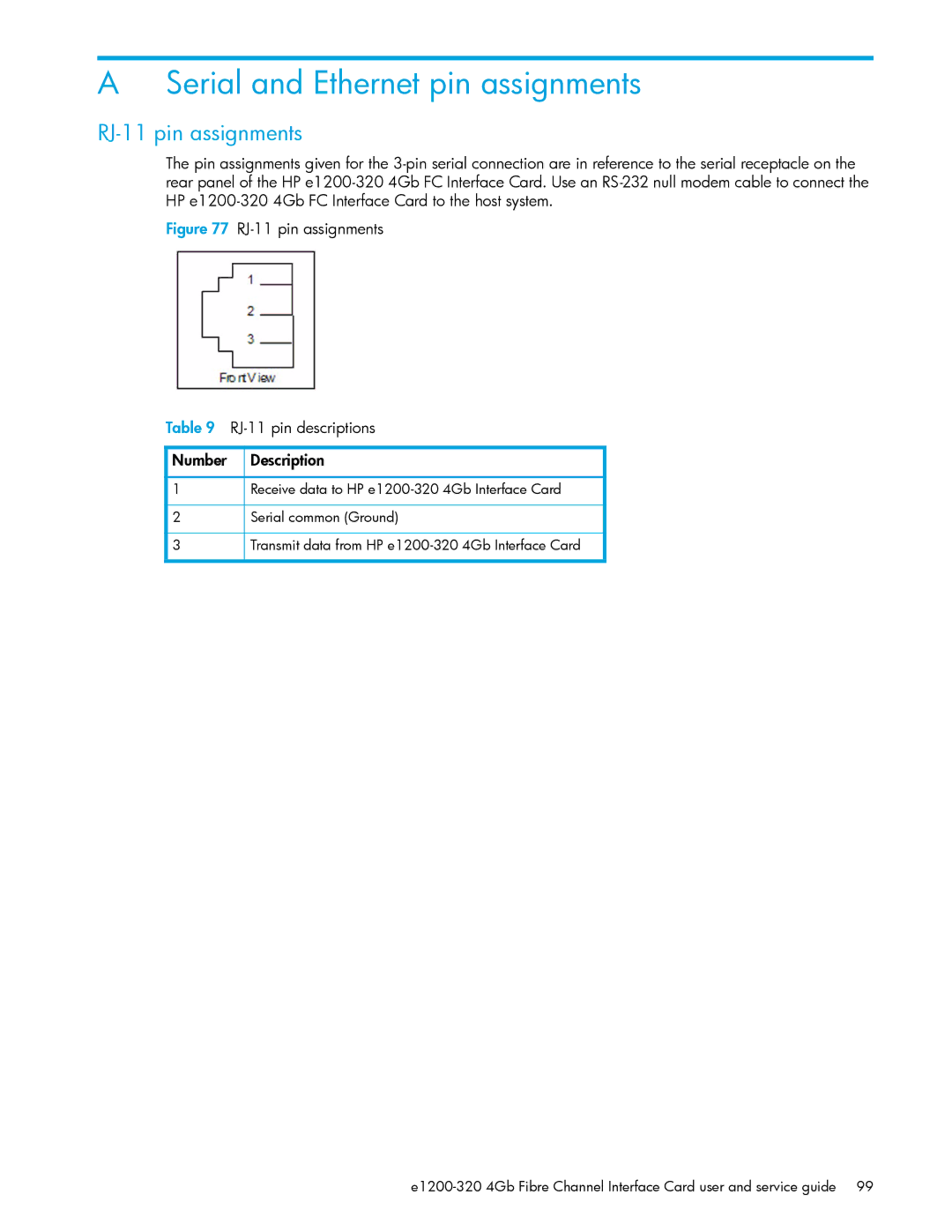 HP E1200-320 manual Serial and Ethernet pin assignments, RJ-11 pin assignments 