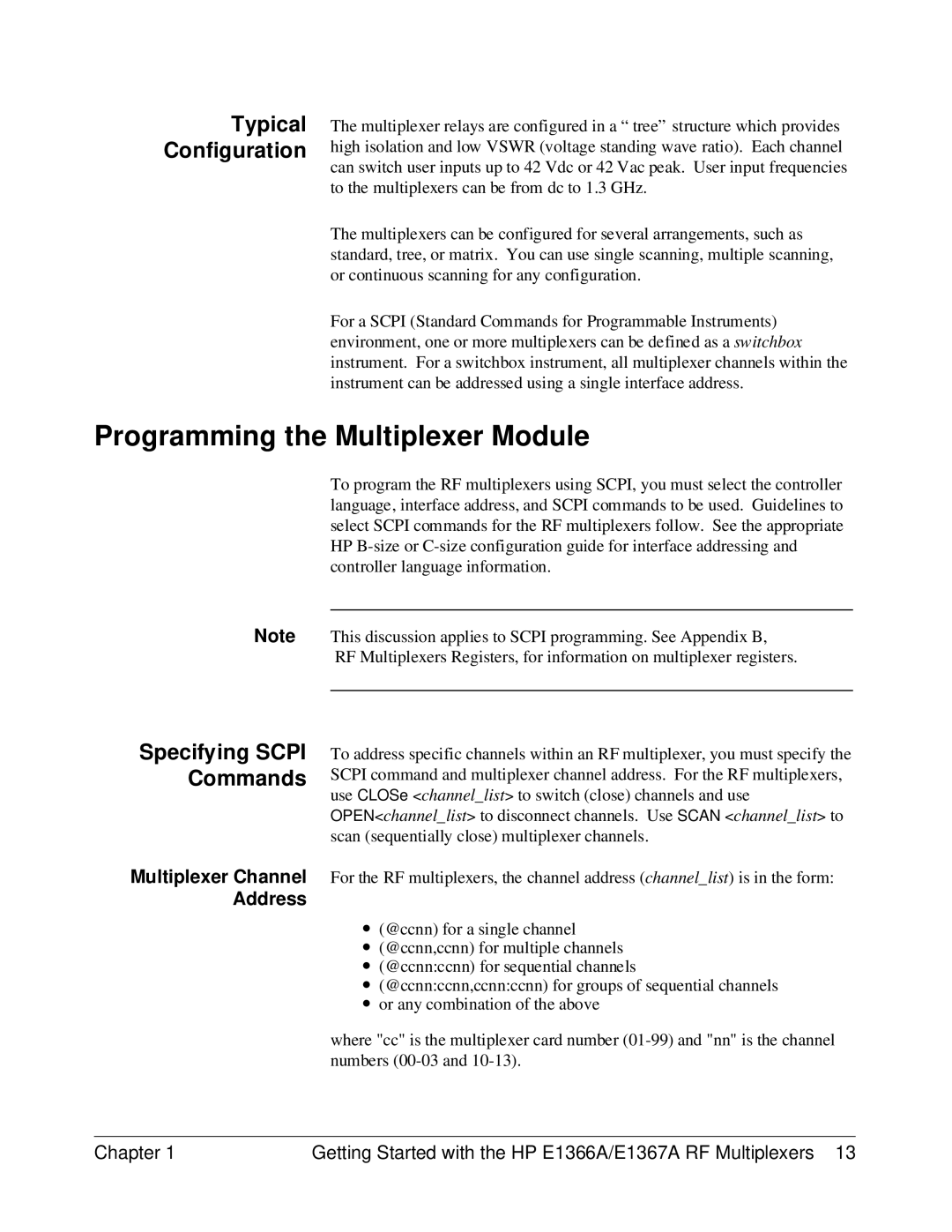 HP E1367A, E1366A manual Programming the Multiplexer Module, Typical Configuration, Specifying Scpi Commands, Address 