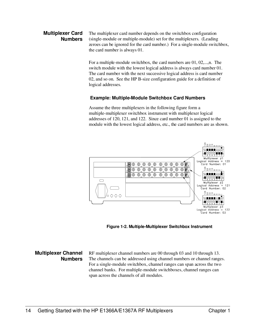 HP E1366A, E1367A manual Multiplexer Card Numbers, Multiplexer Channel Numbers 