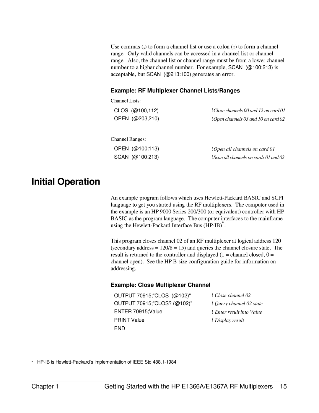 HP E1367A, E1366A manual Initial Operation, Example RF Multiplexer Channel Lists/Ranges 