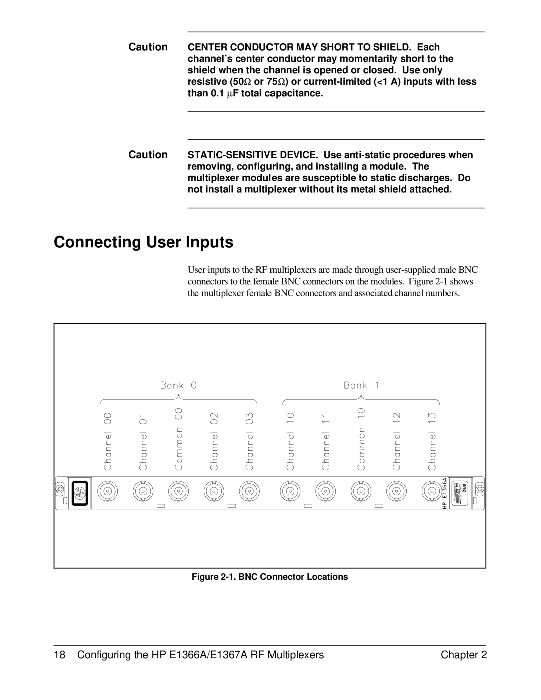 HP manual Connecting User Inputs, Configuring the HP E1366A/E1367A RF Multiplexers Chapter 