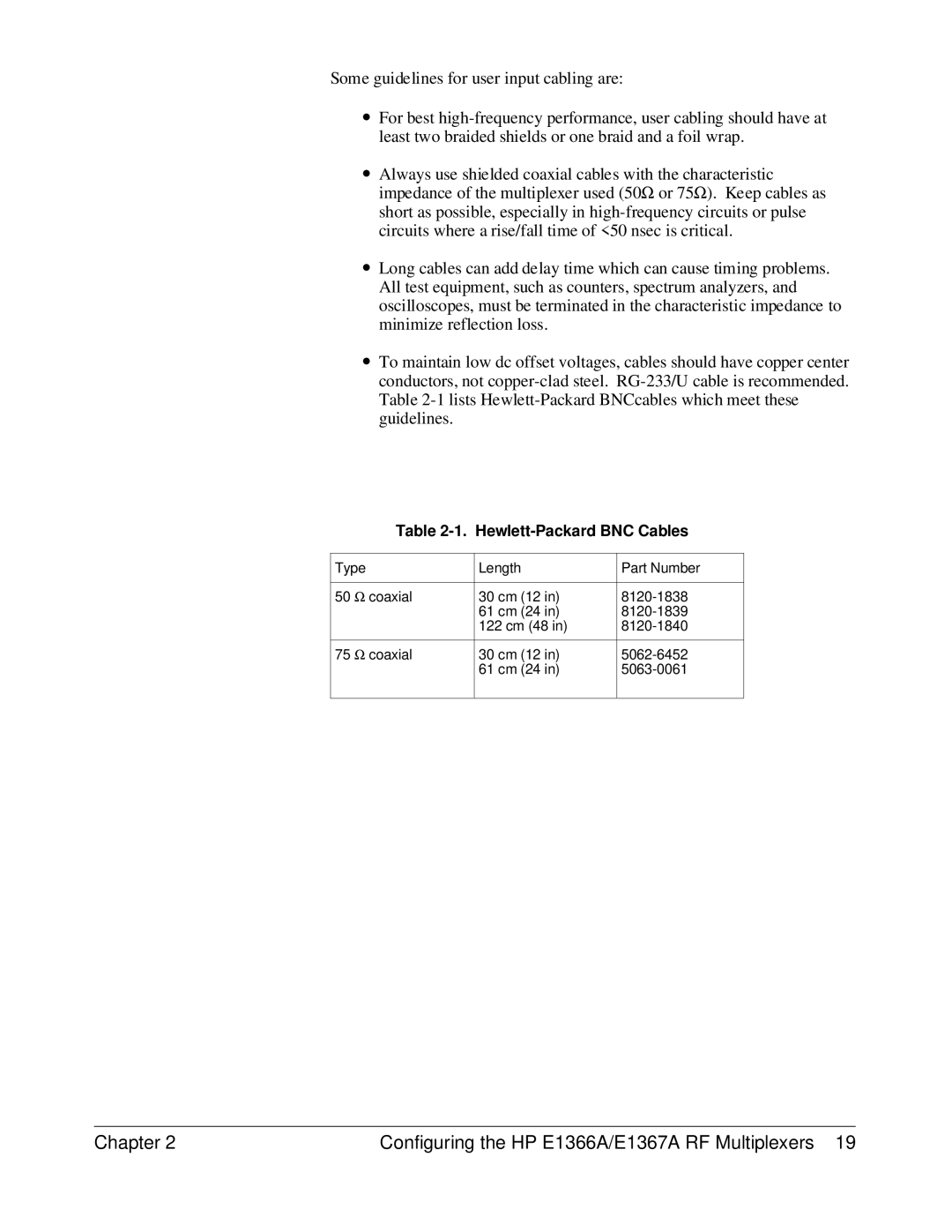 HP E1367A, E1366A manual Hewlett-Packard BNC Cables 