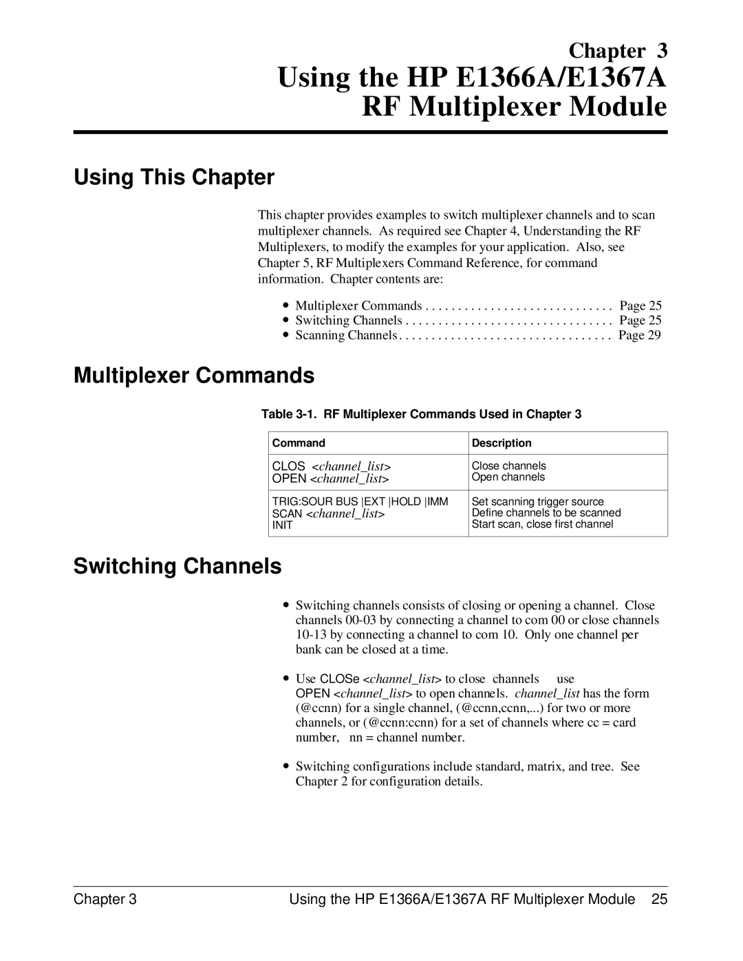 HP manual Using the HP E1366A/E1367A RF Multiplexer Module, Multiplexer Commands, Switching Channels 