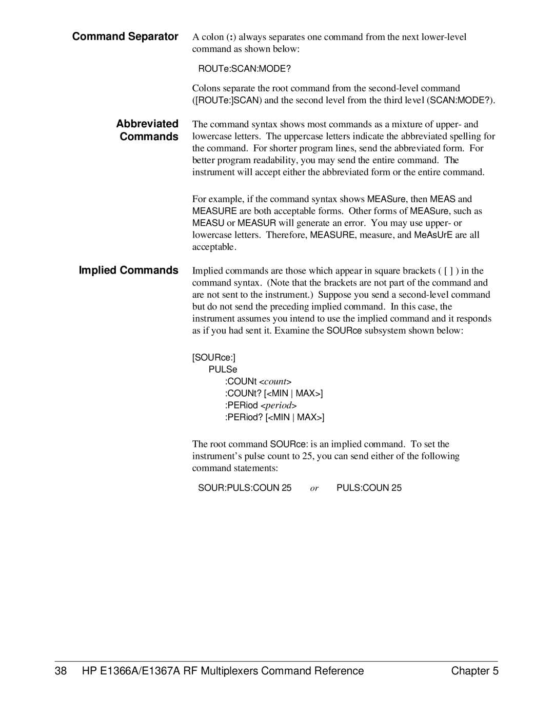 HP manual HP E1366A/E1367A RF Multiplexers Command Reference Chapter 