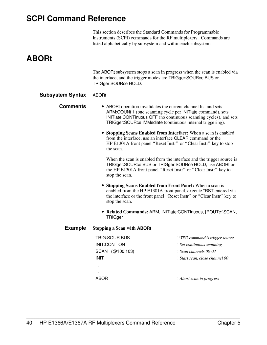 HP E1366A, E1367A manual Scpi Command Reference, Subsystem Syntax ABORt, Example Stopping a Scan with ABORt 