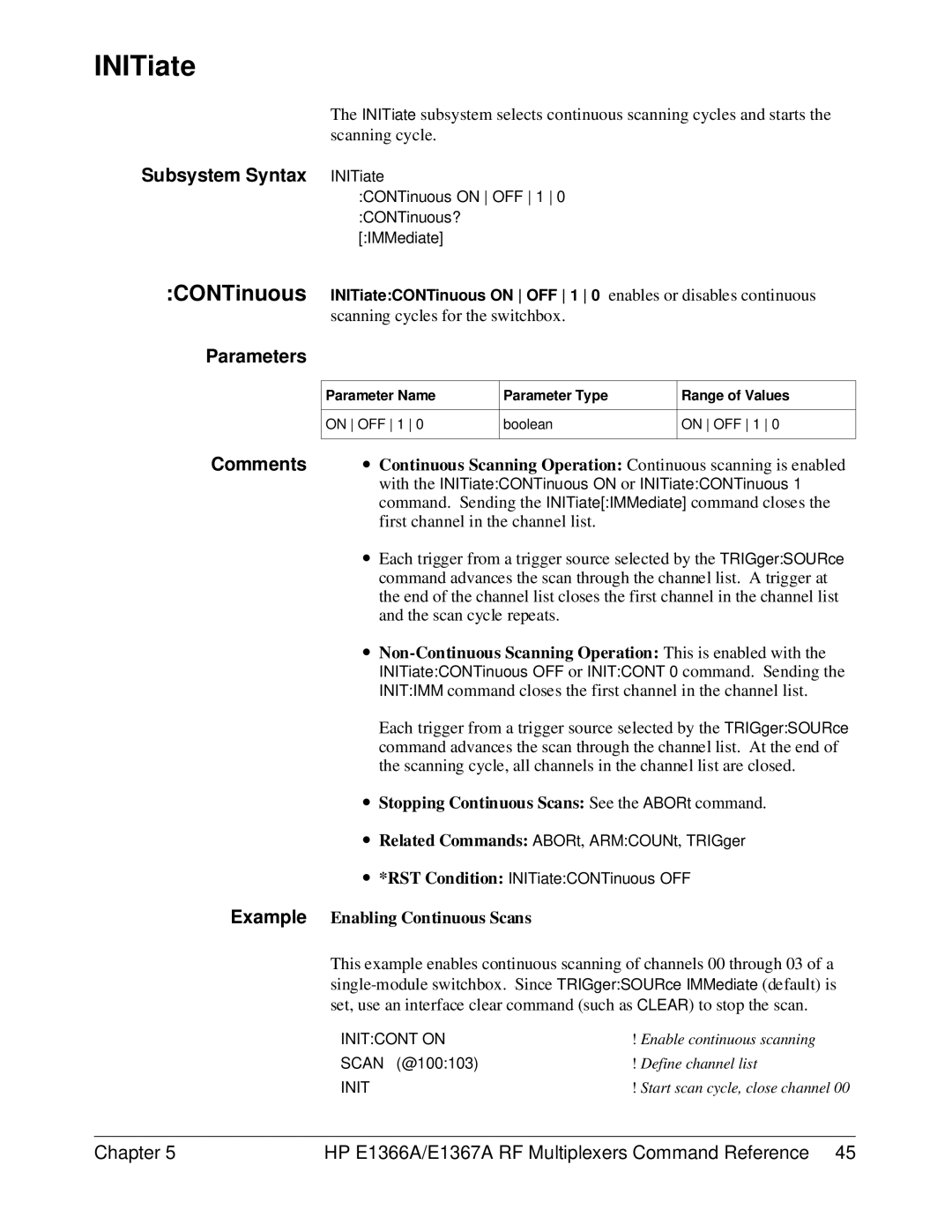 HP E1367A, E1366A INITiate, ∙ Non-Continuous Scanning Operation This is enabled with, Example Enabling Continuous Scans 