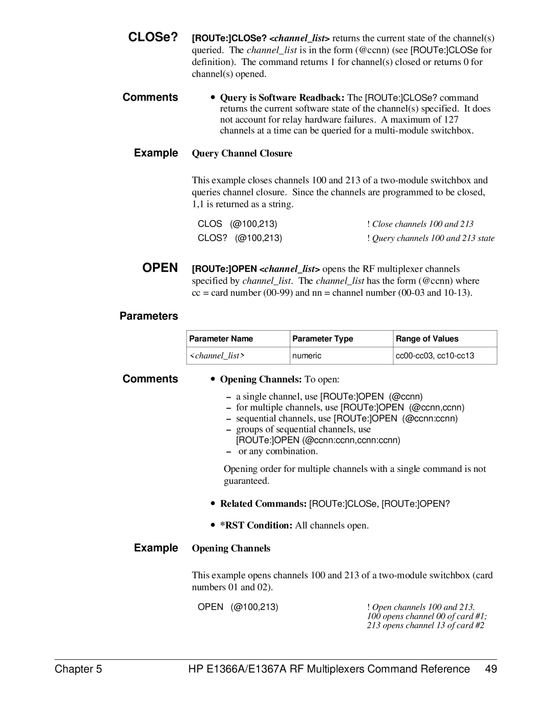 HP E1367A, E1366A manual Comments, ∙ Opening Channels To open, Example Opening Channels 