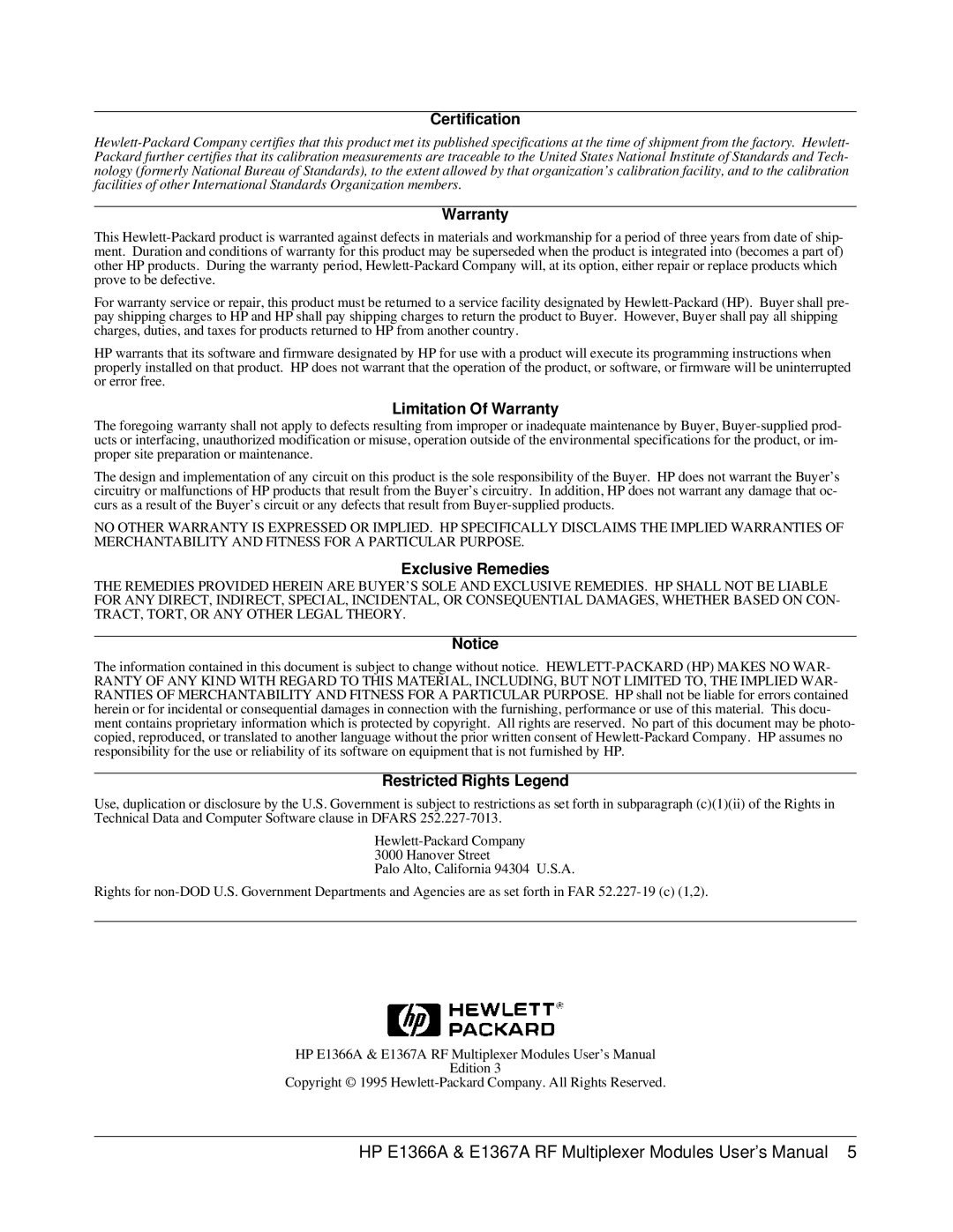 HP manual HP E1366A & E1367A RF Multiplexer Modules User’s Manual 