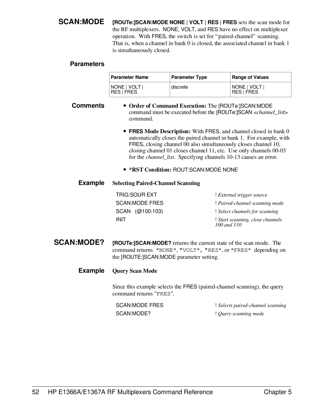 HP E1366A, E1367A manual Example Selecting Paired-Channel Scanning, Example Query Scan Mode 