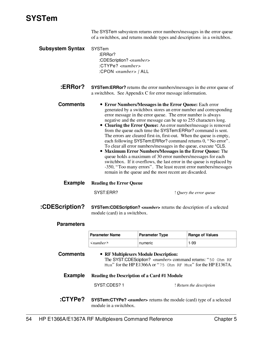 HP E1366A, E1367A manual CTYPe?, Subsystem Syntax SYSTem 