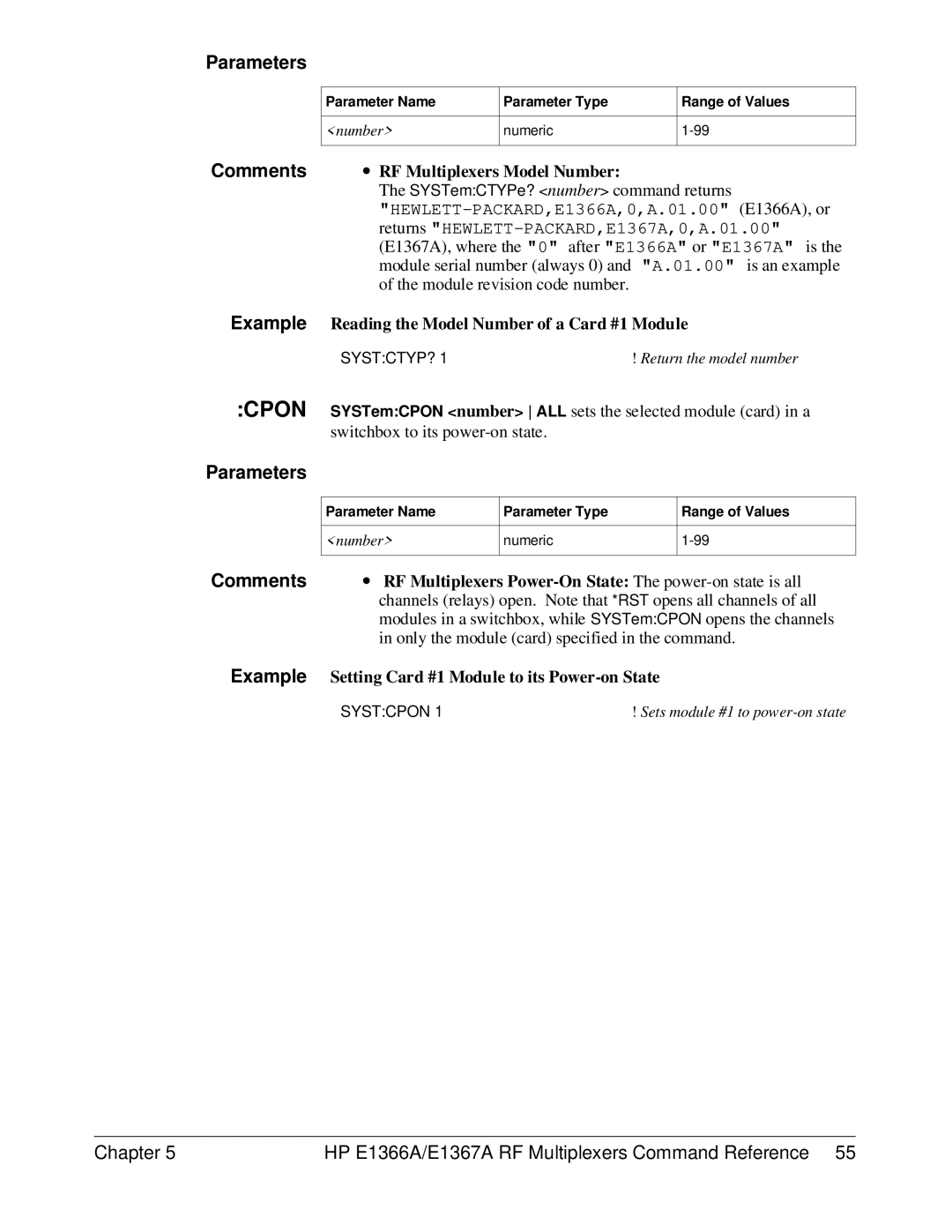 HP E1367A, E1366A manual Comments ∙ RF Multiplexers Model Number, Example Reading the Model Number of a Card #1 Module 