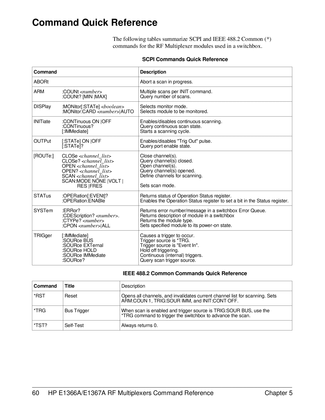 HP E1366A, E1367A manual Command Quick Reference, Commands for the RF Multiplexer modules used in a switchbox 