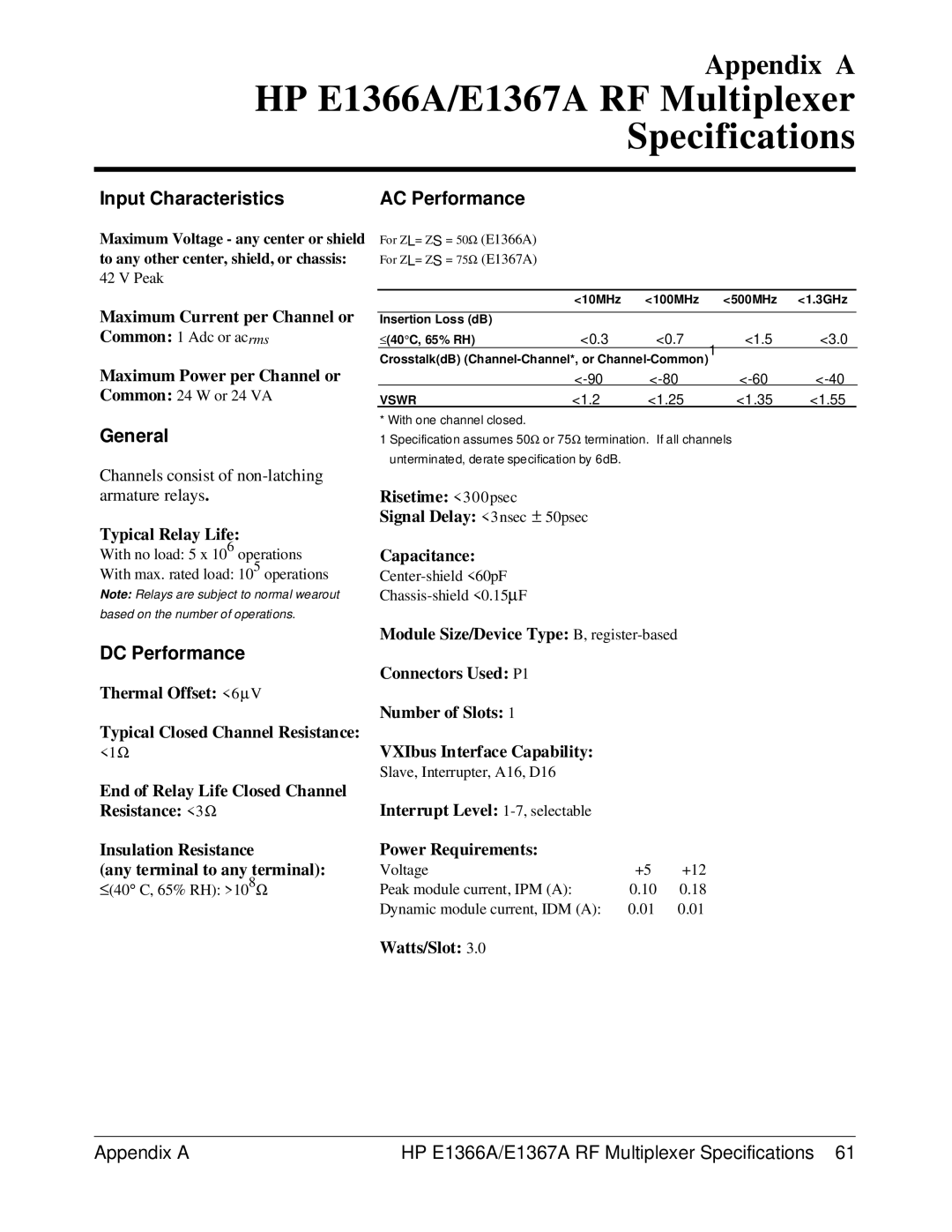 HP manual HP E1366A/E1367A RF Multiplexer Specifications, Input Characteristics AC Performance, General, DC Performance 