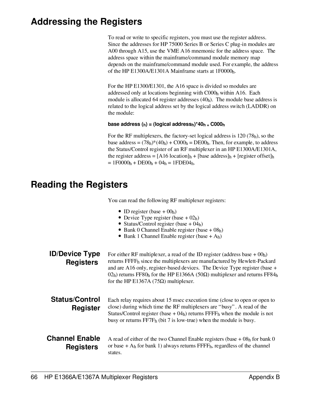 HP E1366A, E1367A manual Addressing the Registers, Reading the Registers, ID/Device Type Registers 