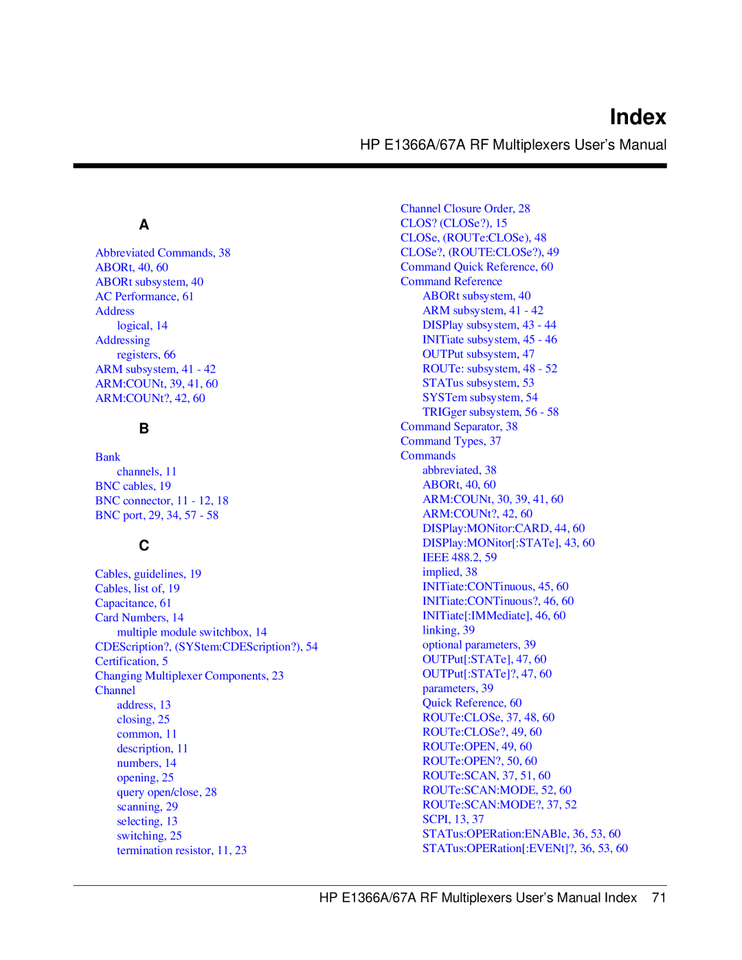 HP E1367A manual HP E1366A/67A RF Multiplexers User’s Manual Index 