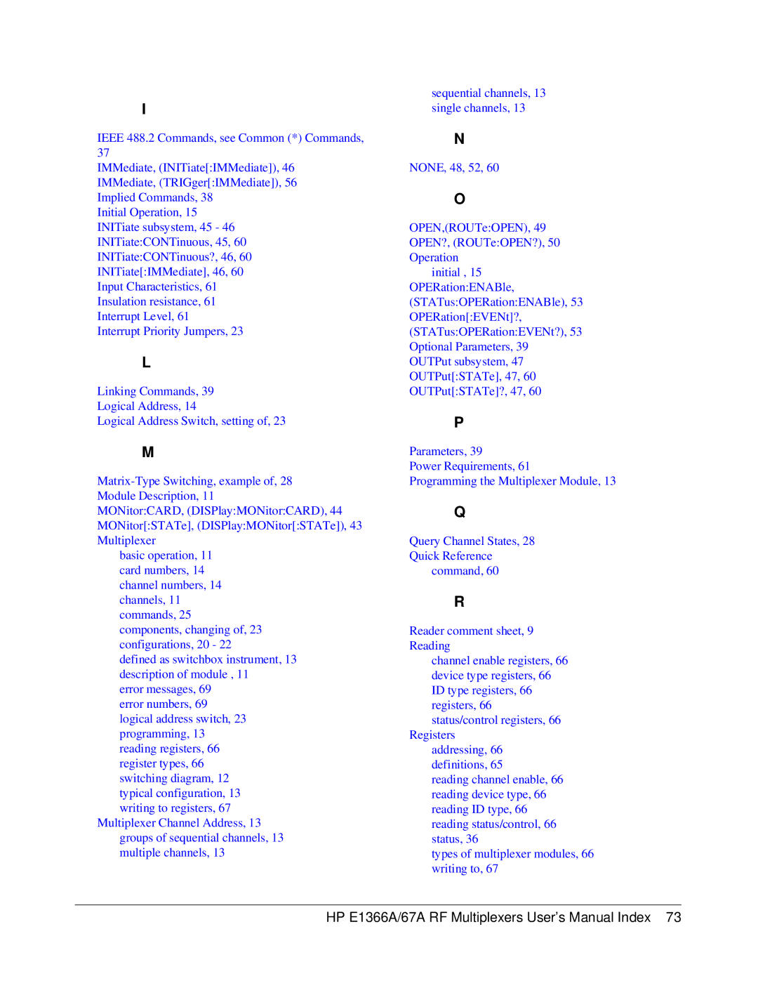 HP E1367A manual HP E1366A/67A RF Multiplexers User’s Manual Index 