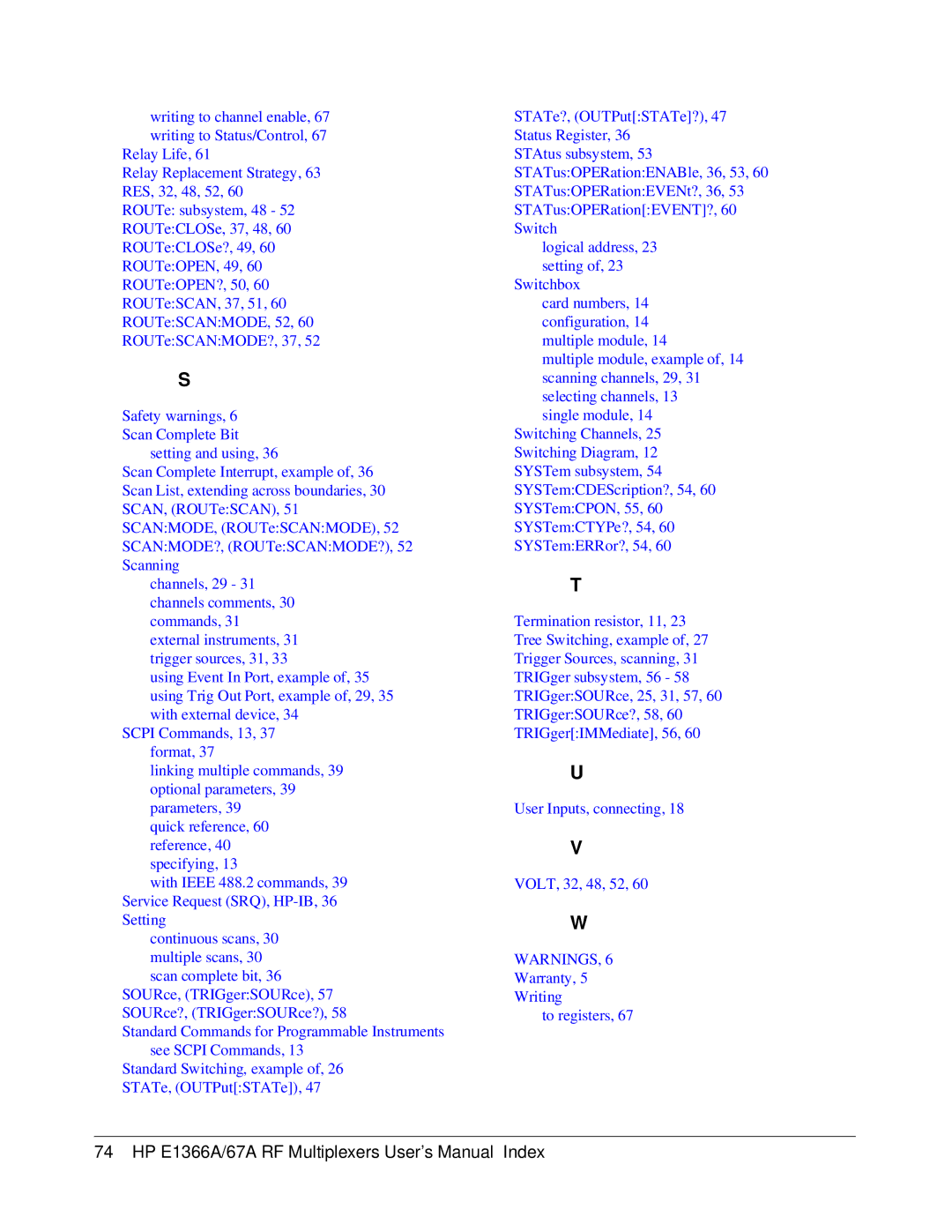 HP E1367A manual HP E1366A/67A RF Multiplexers User’s Manual Index 