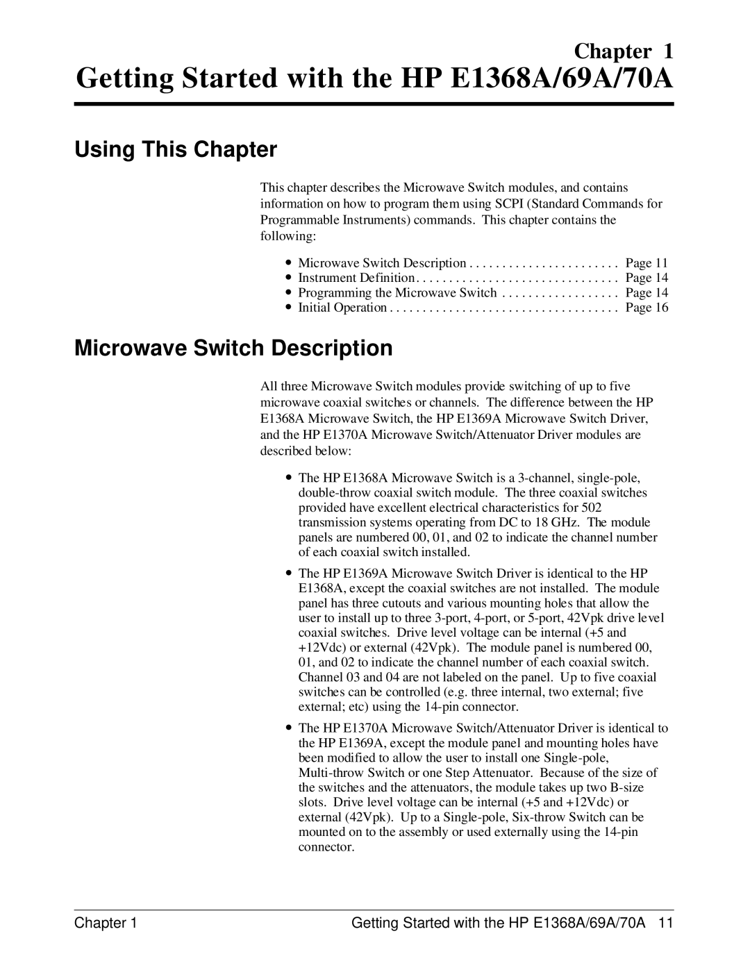 HP E1368A manual Using This Chapter, Microwave Switch Description 