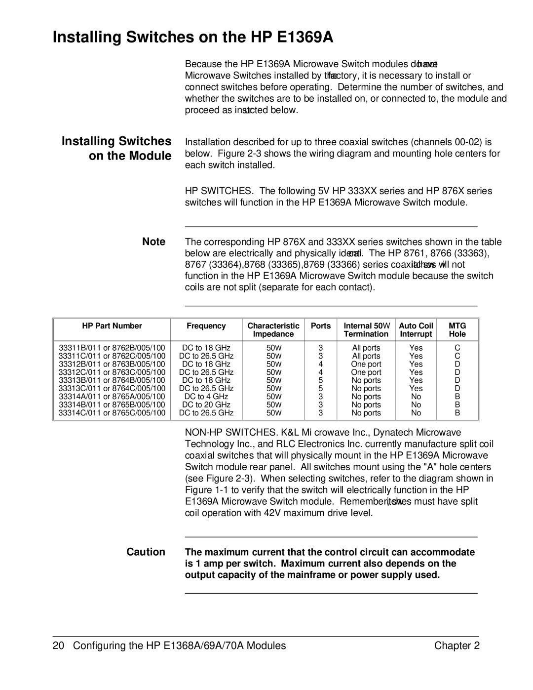 HP E1368A manual Installing Switches on the HP E1369A, Installing Switches on the Module 