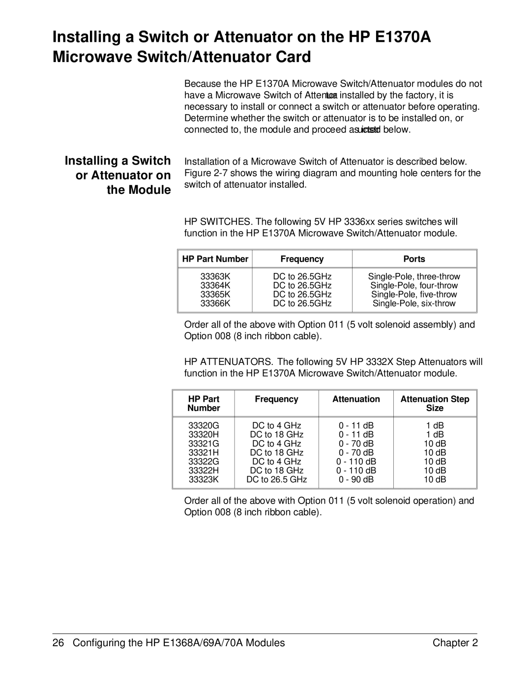 HP E1368A manual Installing a Switch Or Attenuator on Module 