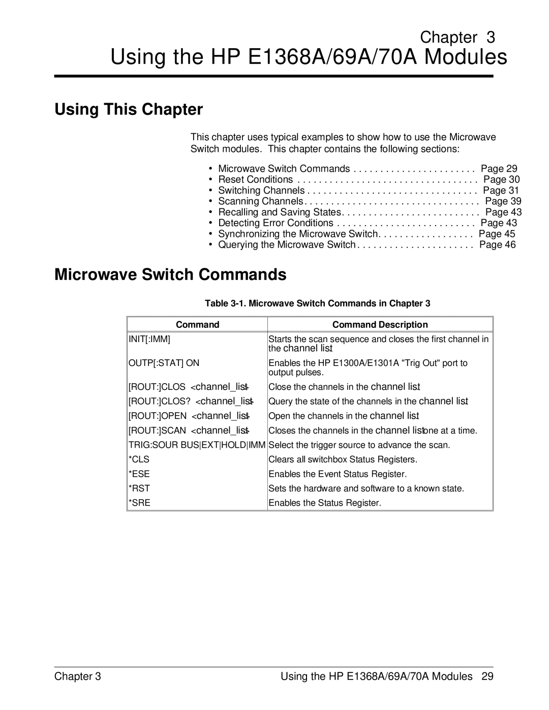 HP manual Using the HP E1368A/69A/70A Modules, Microwave Switch Commands 