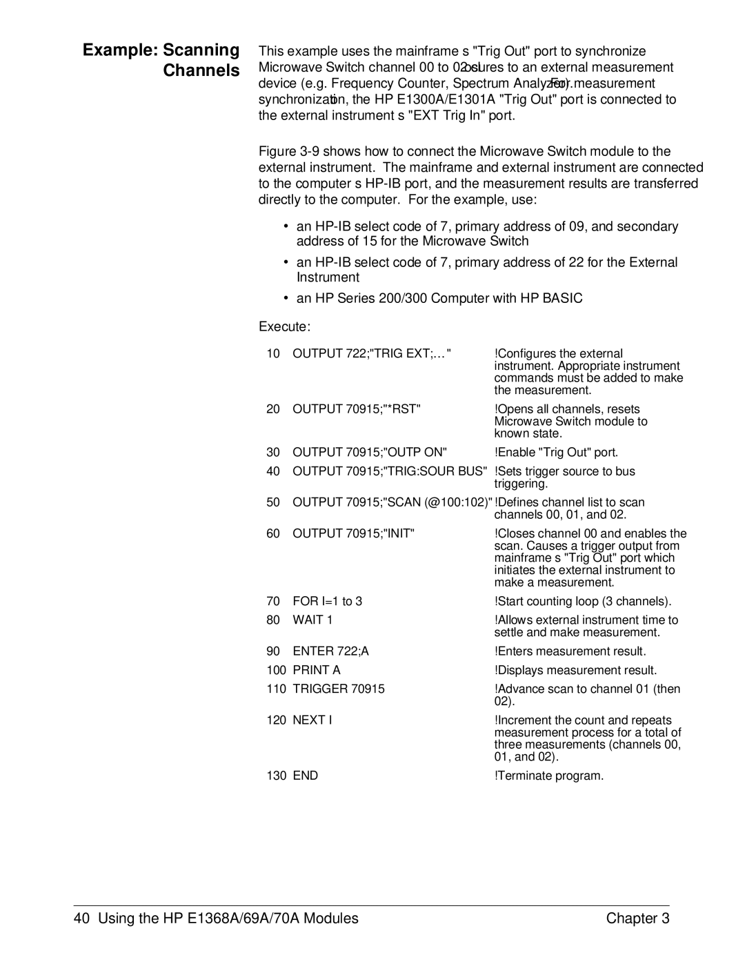 HP E1368A manual Example Scanning Channels, Output 722TRIG EXT … 