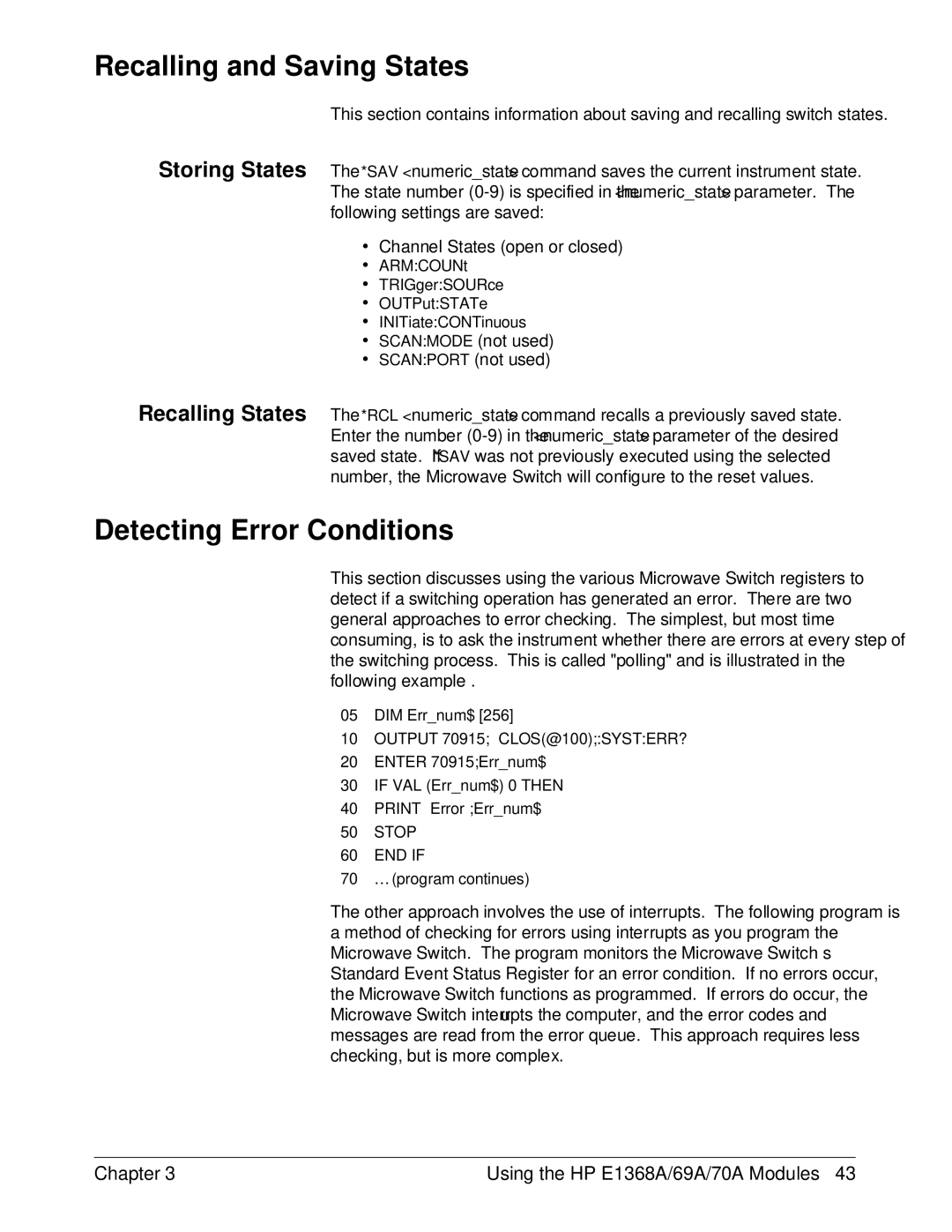 HP E1368A manual Recalling and Saving States, Detecting Error Conditions 