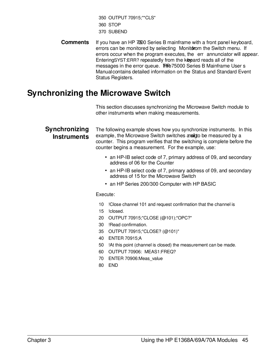 HP E1368A manual Synchronizing the Microwave Switch, Synchronizing Instruments 