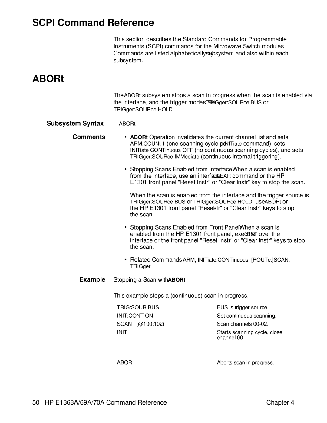 HP E1368A manual Scpi Command Reference, Example Stopping a Scan with ABORt 