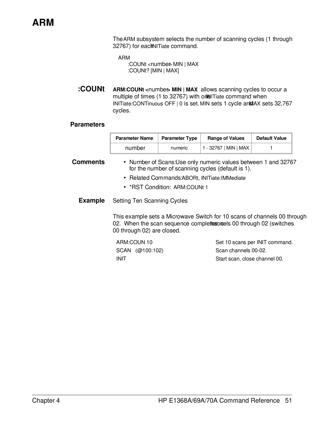 HP E1368A manual ∙ Number of Scans Use only numeric values between 1, For the number of scanning cycles default is 