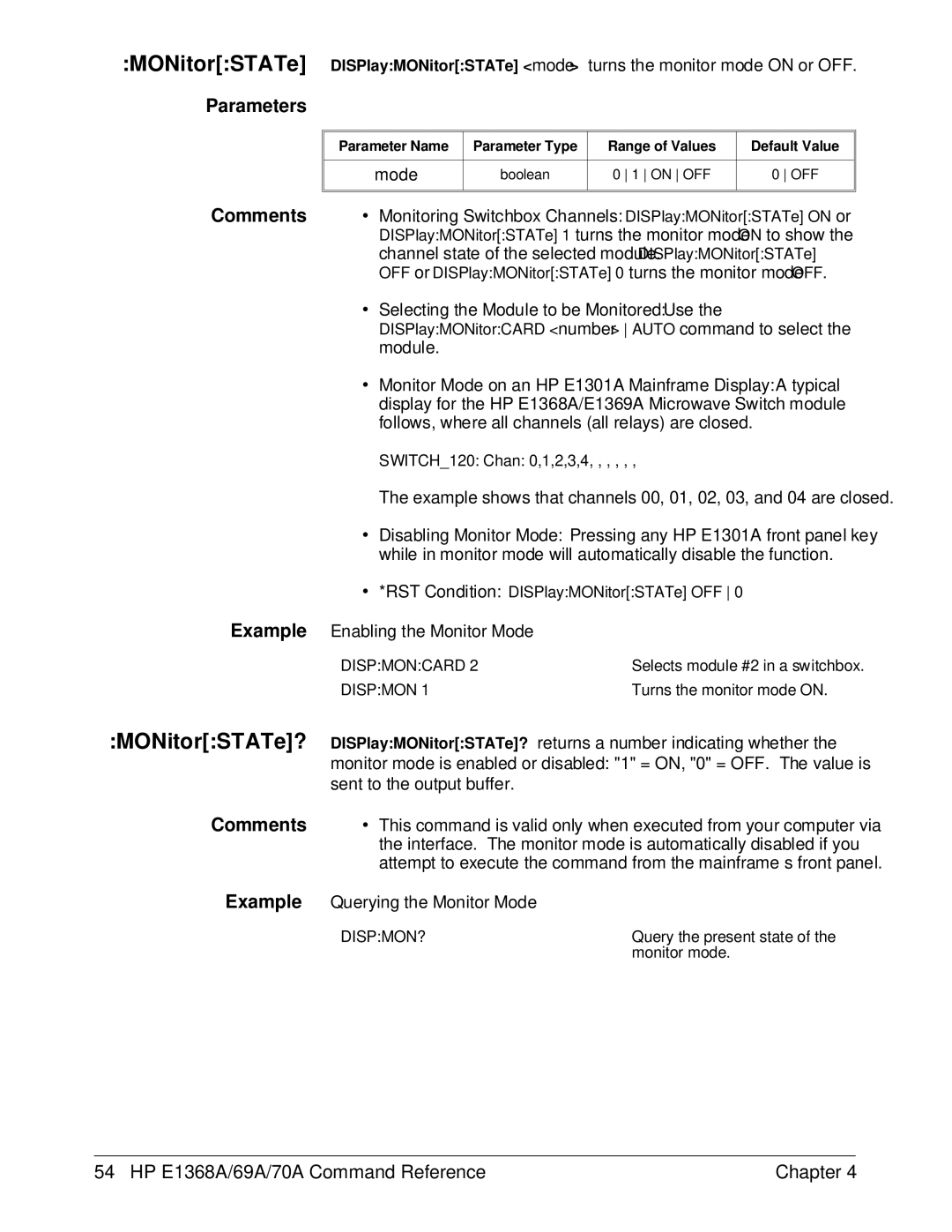 HP E1368A ∙ Selecting the Module to be Monitored Use, Example Enabling the Monitor Mode, Example Querying the Monitor Mode 