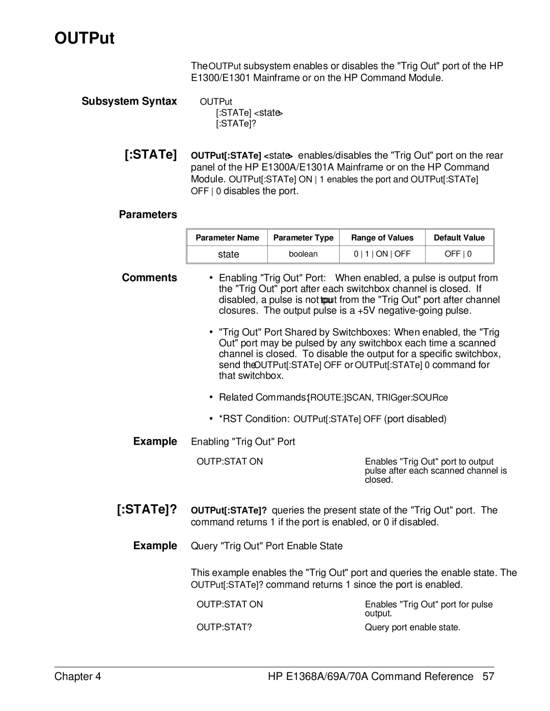 HP E1368A manual OUTPut, Example Enabling Trig Out Port, Example Query Trig Out Port Enable State 