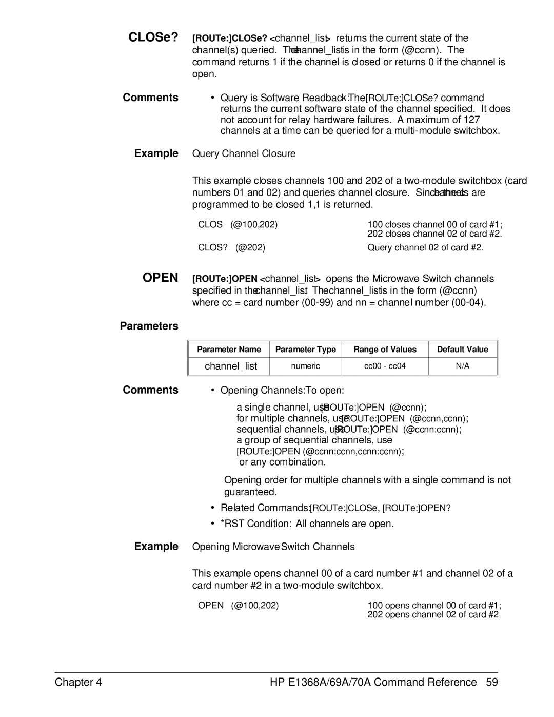 HP E1368A manual ∙ Opening Channels To open, Example Opening Microwave Switch Channels 