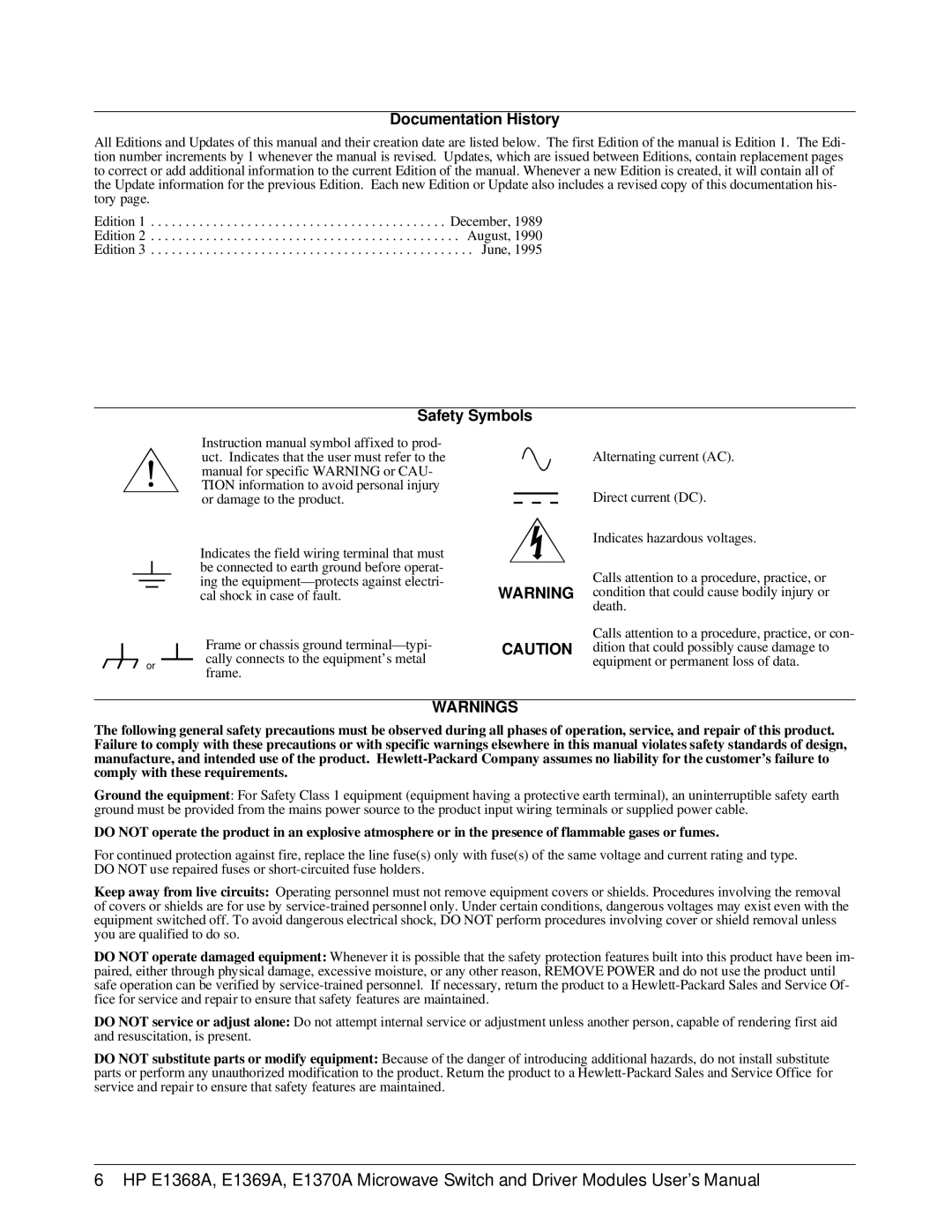 HP E1368A manual Documentation History 