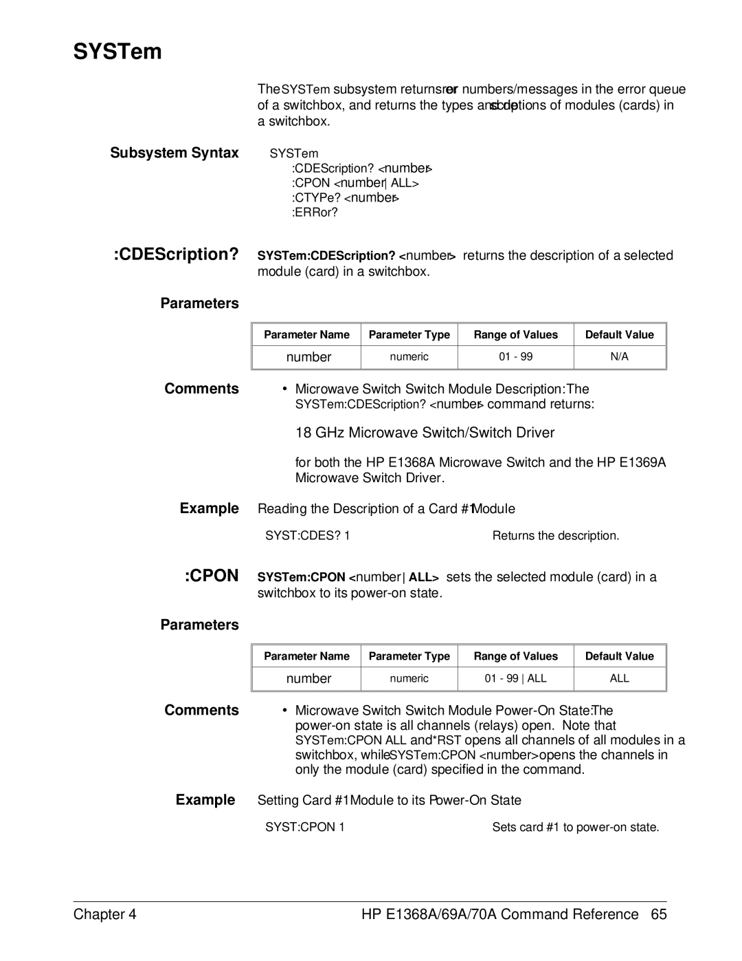 HP E1368A manual SYSTem, CDEScription? 