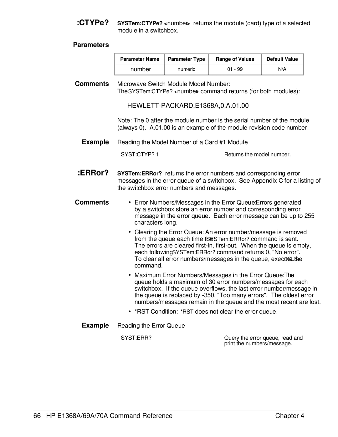 HP E1368A manual Comments Microwave Switch Module Model Number, Example Reading the Model Number of a Card #1 Module 