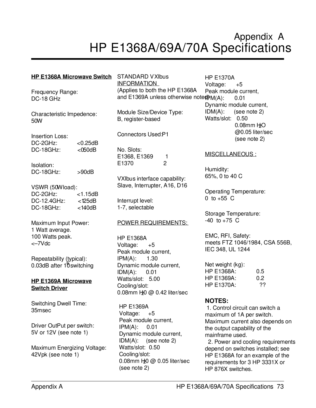 HP E1368A Frequency Range, Characteristic Impedence 50Ω Insertion Loss, Isolation, Vswr 50Ω load, Repeatability typical 