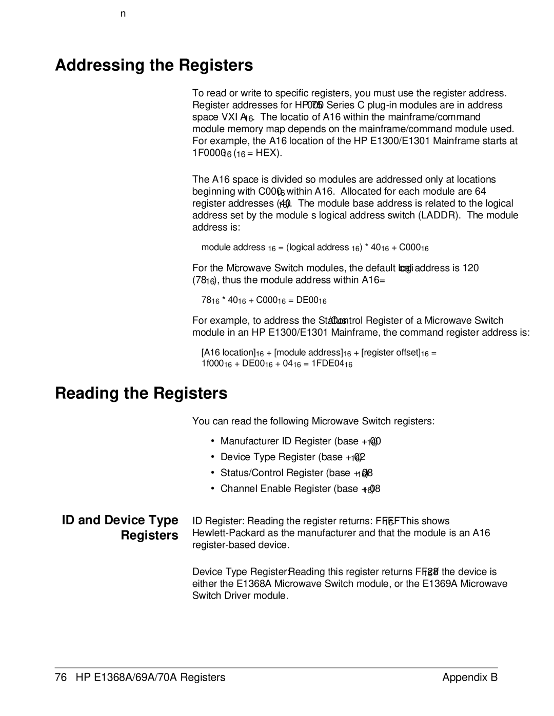 HP E1368A manual Addressing the Registers, Reading the Registers, ID and Device Type Registers 