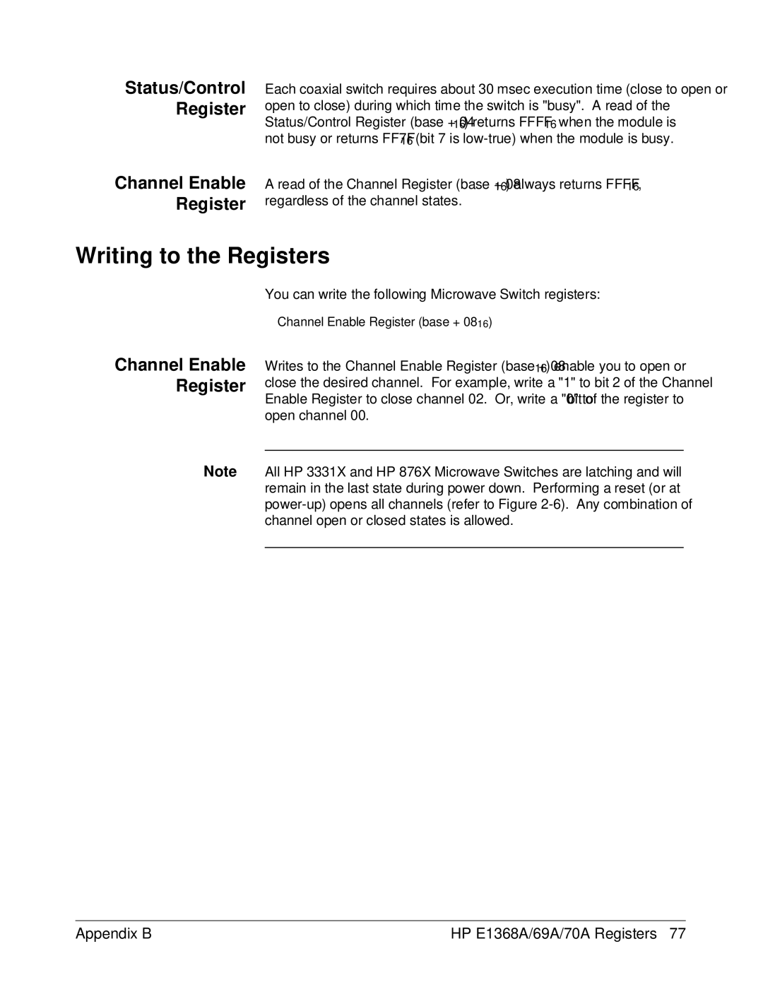 HP E1368A manual Writing to the Registers, Status/Control Register Channel Enable Register 