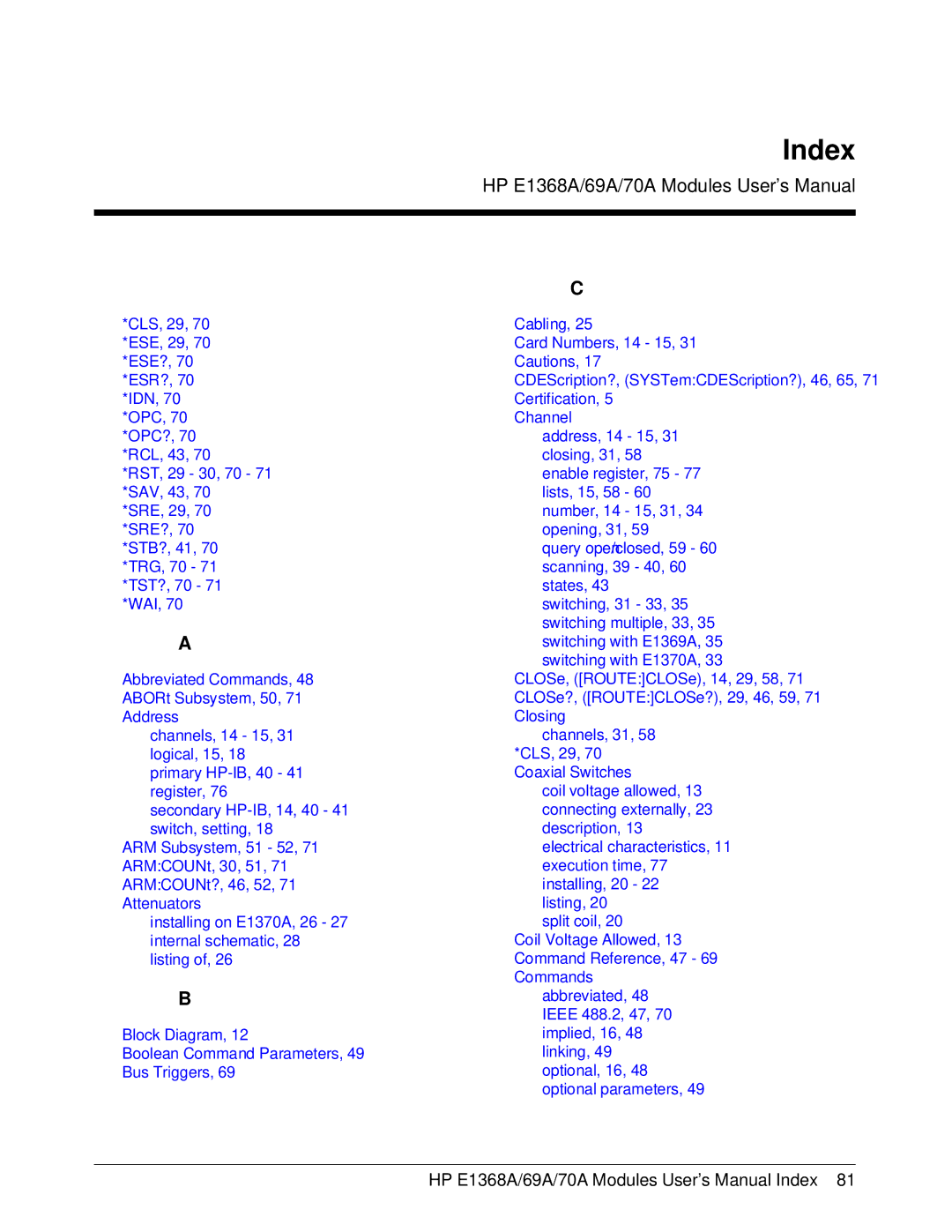 HP manual HP E1368A/69A/70A Modules User’s Manual Index 