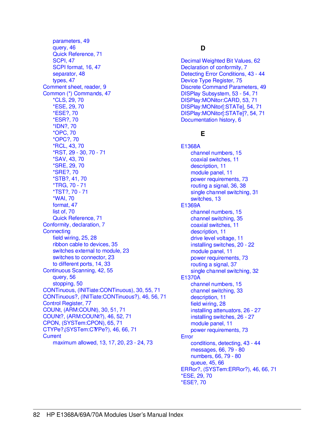 HP manual HP E1368A/69A/70A Modules User’s Manual Index 