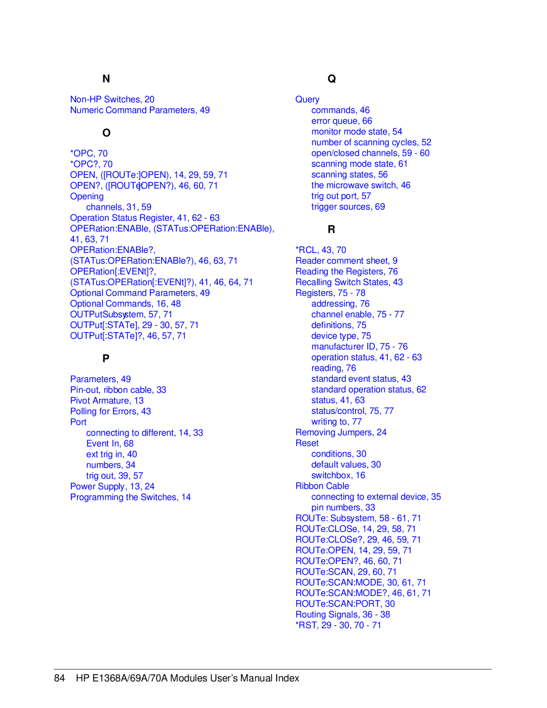 HP manual HP E1368A/69A/70A Modules User’s Manual Index 