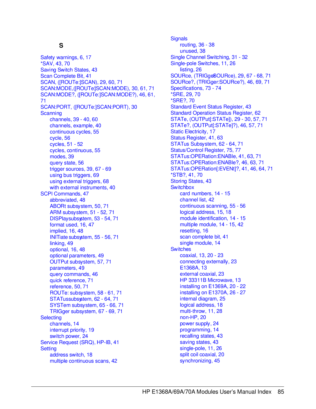 HP manual HP E1368A/69A/70A Modules User’s Manual Index 