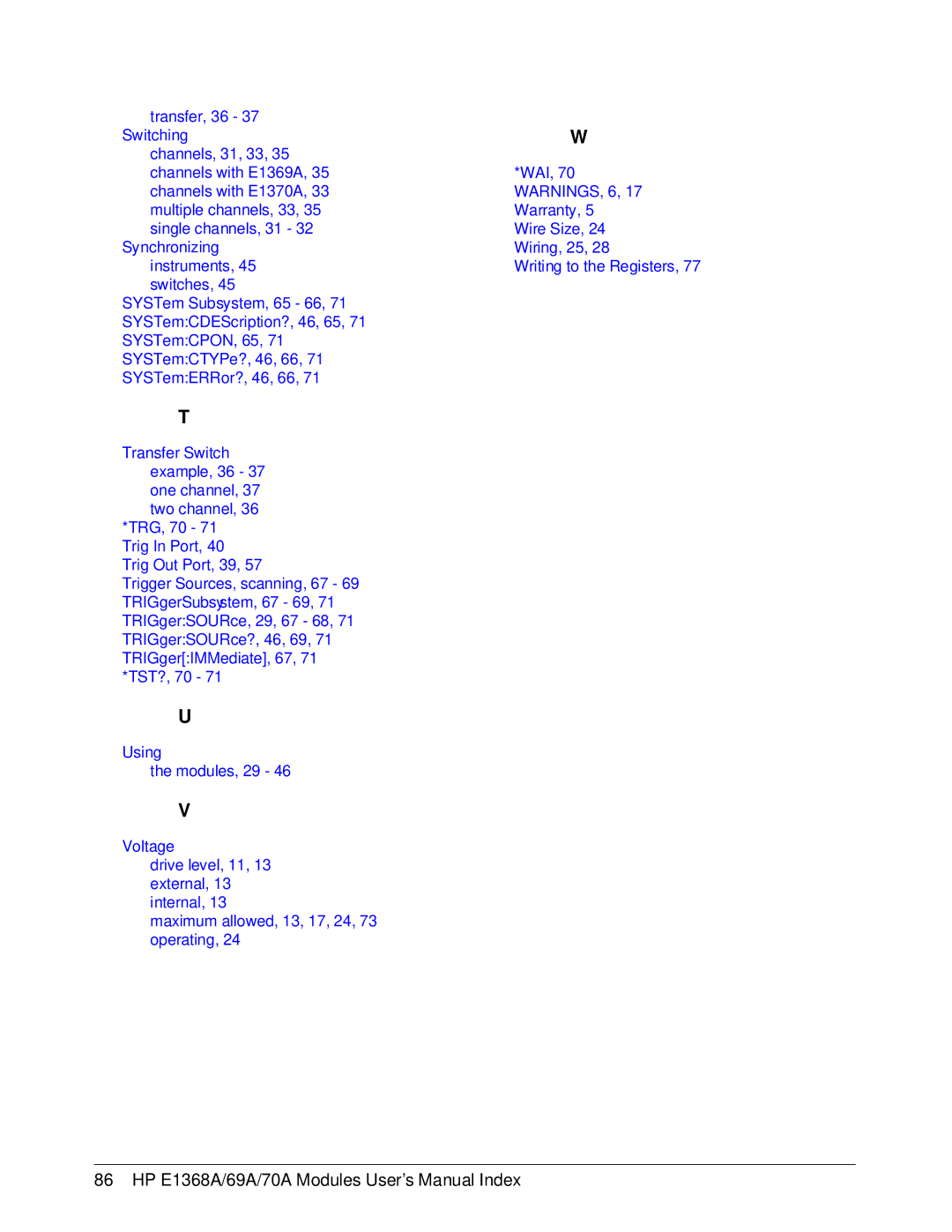 HP manual HP E1368A/69A/70A Modules User’s Manual Index 