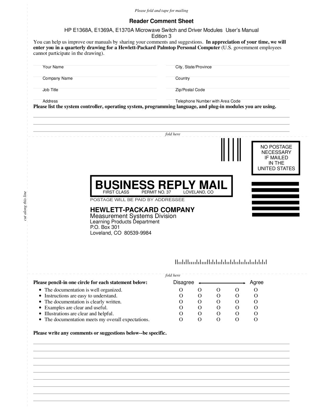 HP E1368A manual Business Reply Mail 