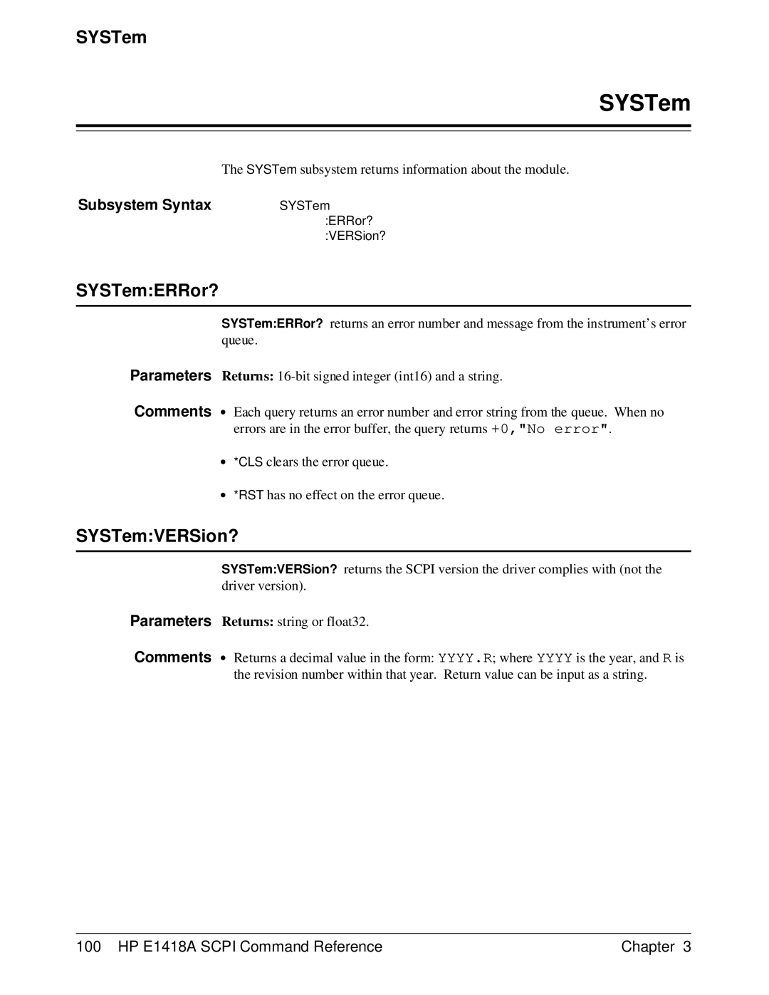 HP E1418A manual SYSTemERRor?, SYSTemVERSion? 