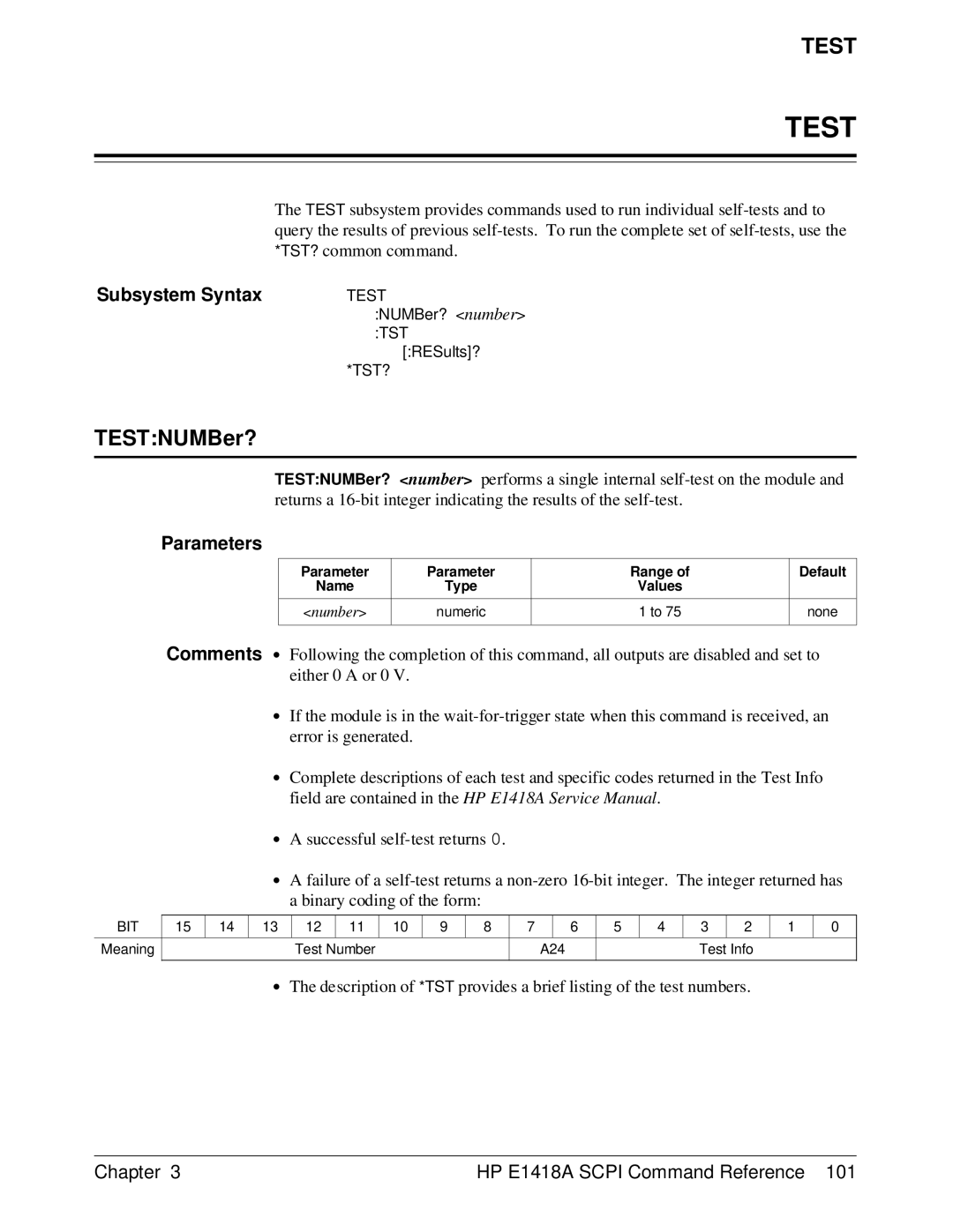 HP E1418A manual Test, TESTNUMBer? 