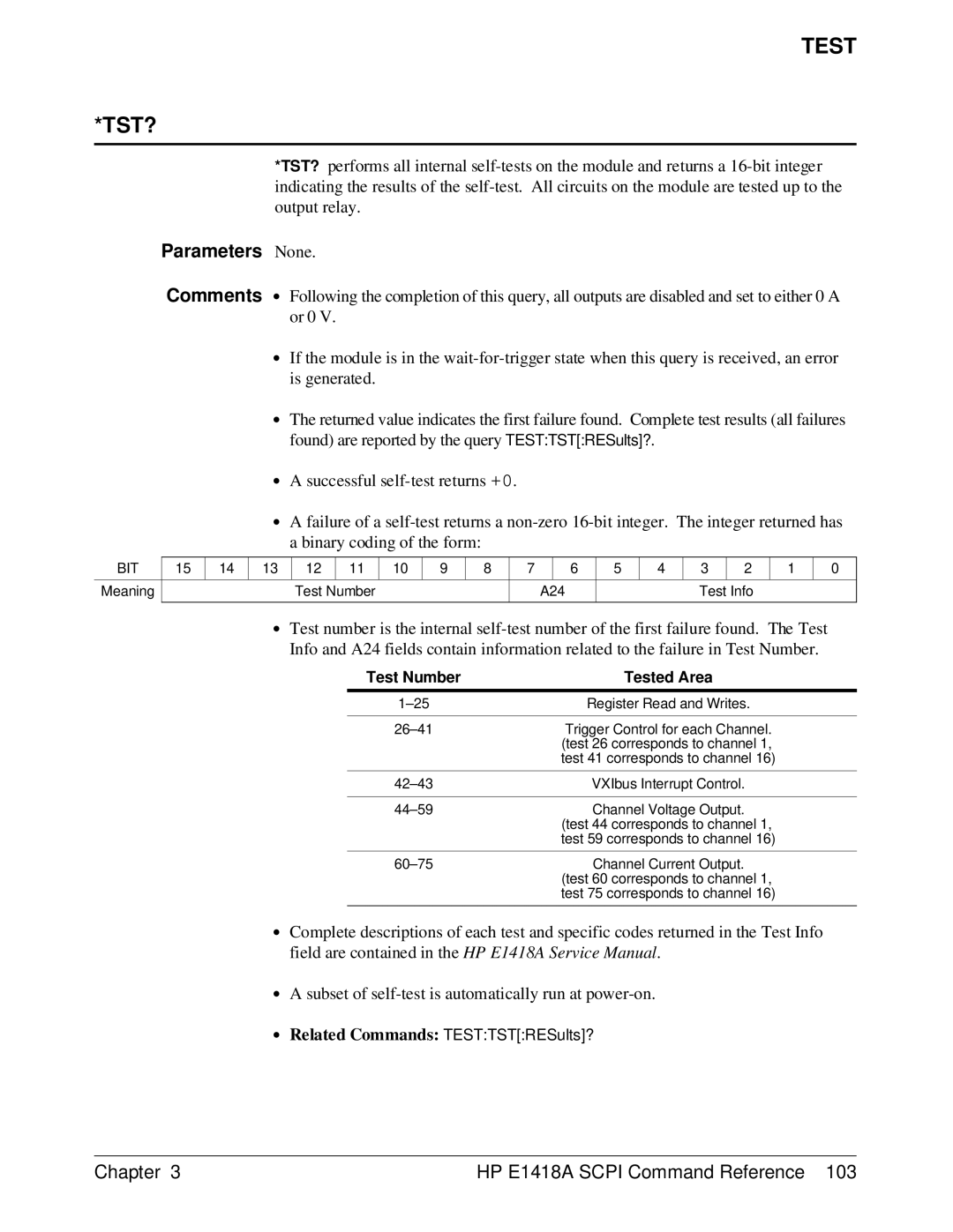 HP E1418A manual Test TST?, Test Number Tested Area 