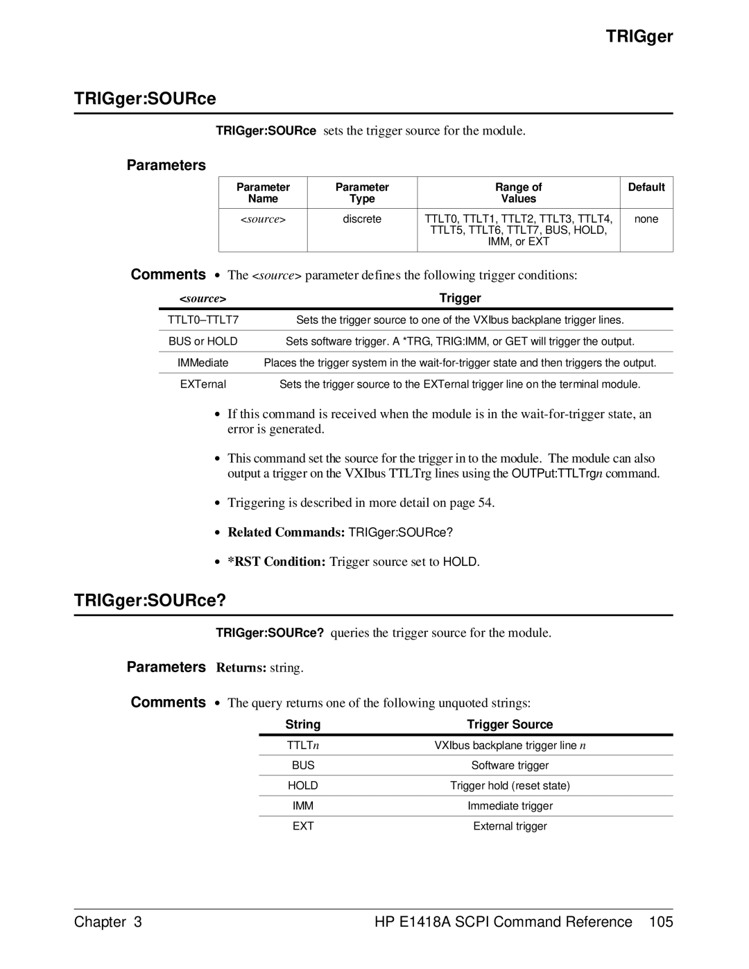 HP E1418A manual TRIGger TRIGgerSOURce, TRIGgerSOURce?, String 